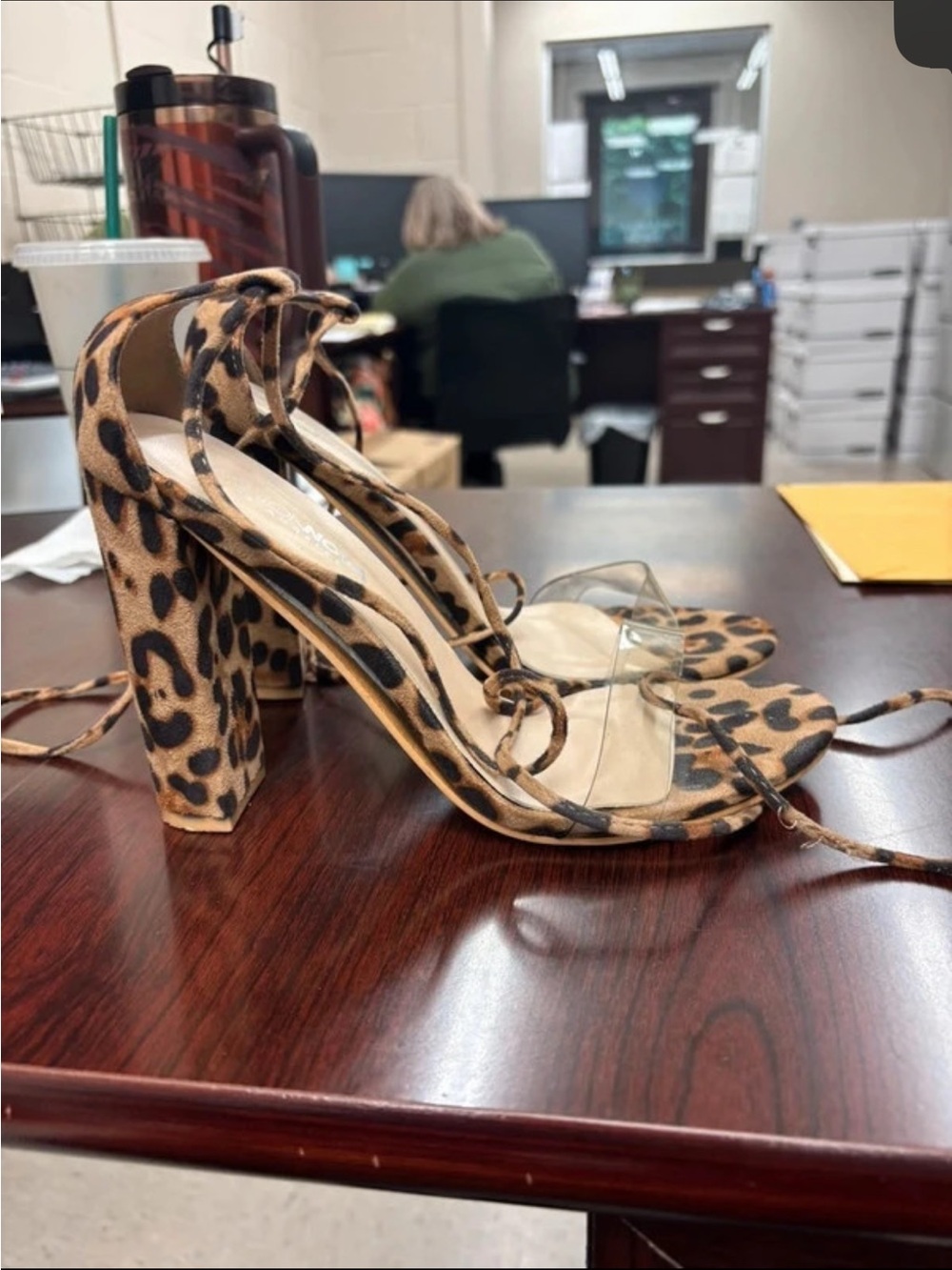 Leopard Print Lace-Up Block Heels - Tan/Black